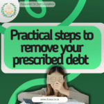 A distressed woman holding a "HELP" sign in front of her face, with a bold title reading "Practical steps to remove your prescribed debt" on a green background